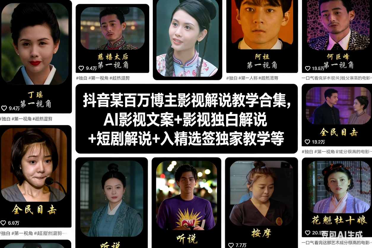 抖音某百万博主影视解说教学合集，AI影视文案+影视独白解说+短剧解说+入精选签独家教学等-愛營銷俱樂部