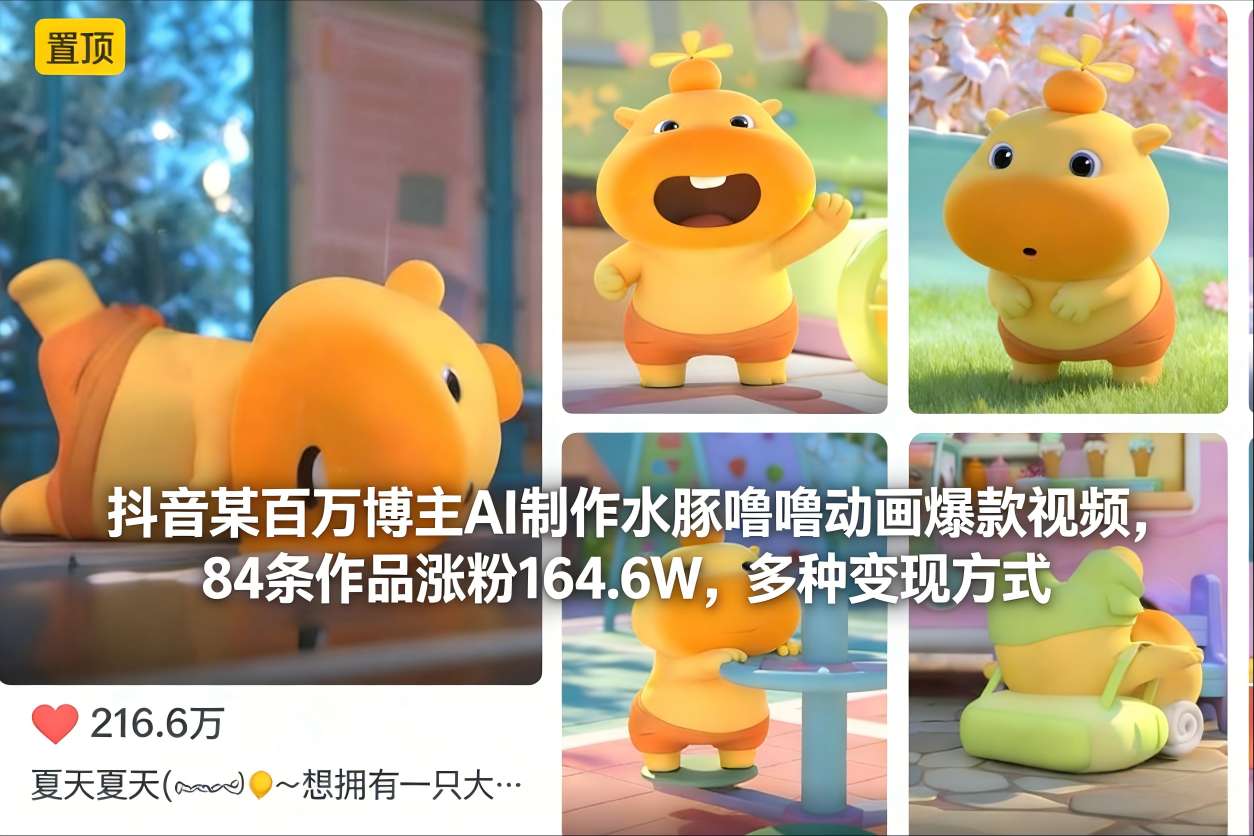 抖音某百万博主AI制作水豚噜噜动画爆款视频，84条作品涨粉164.6W，多种变现方式-愛營銷俱樂部