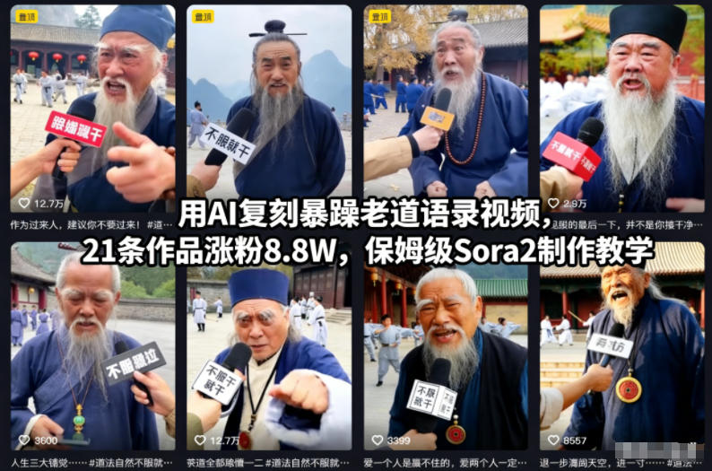 用AI复刻暴躁老道语录视频，21条作品涨粉8.8W，保姆级Sora2制作教学-愛營銷俱樂部