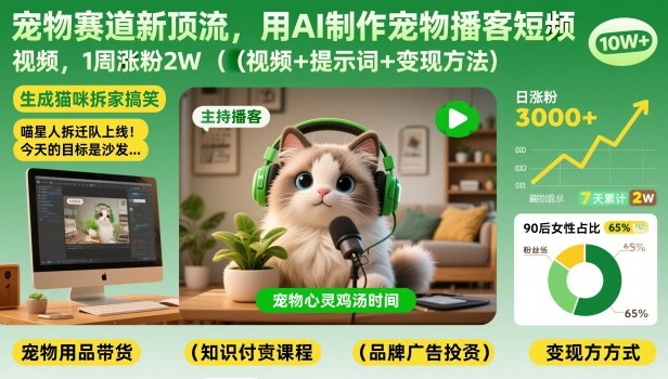 宠物赛道新顶流，用AI制作宠物播客短视频，1周涨粉2W(视频+提示词+变现方法)-愛營銷俱樂部