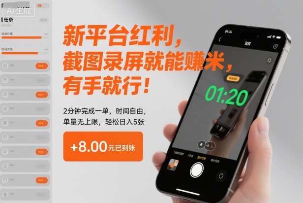 新平台红利，截图录屏就能賺米，有手就行！2分钟完成一单，时间自由，单量无上限，轻松日入5张【揭秘】-愛營銷俱樂部
