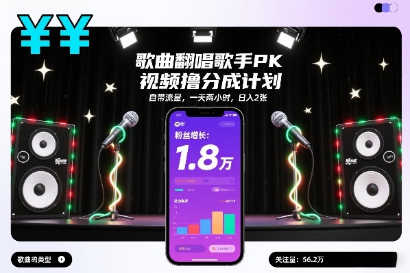 歌曲翻唱歌手PK视频撸分成计划，自带流量，一天两小时，日入2张-愛營銷俱樂部