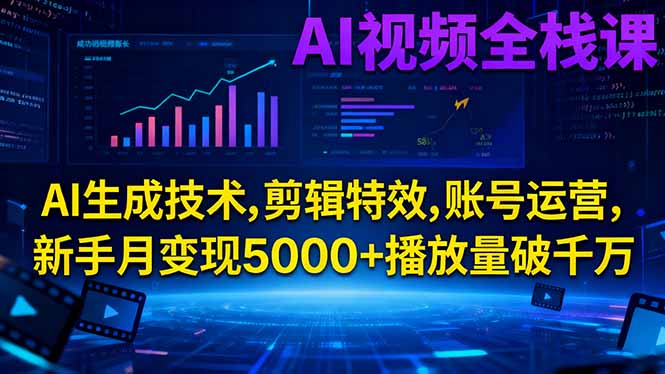 AI视频全栈课:AI生成技术,剪辑特效,账号运营,新手月变现5000+播放量破千万-愛營銷俱樂部