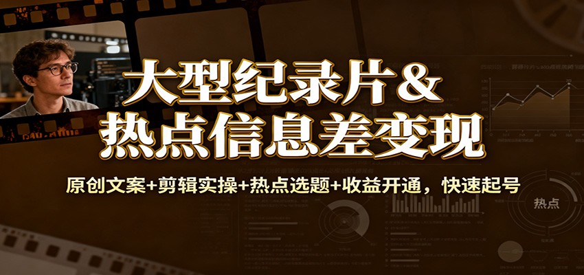 大型纪录片&热点信息差变现：原创文案+剪辑实操+热点选题+收益开通，快速起号-愛營銷俱樂部