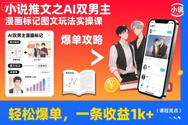 小说推文之AI双男主漫画标记图文玩法实操课，轻松爆单，一条收益1k+-愛營銷俱樂部